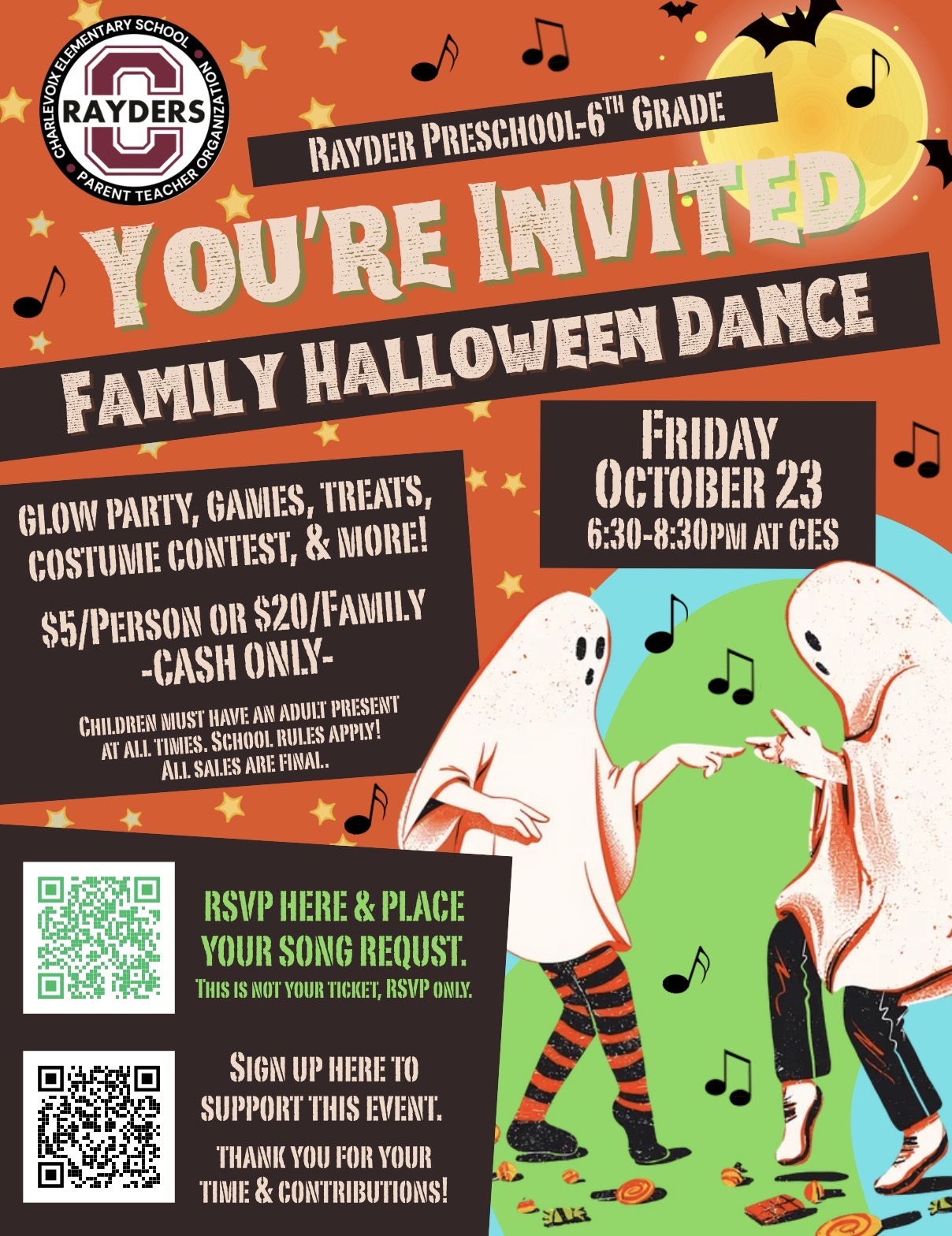 Rayder Preschool through 6th grade family Halloween Dance. Glow party, games, treats, costume contest and more. $5 per person or $20 for family. CASH only. Friday, 10/23 from 6:30-8:30 at CES. Please contact Hayley to rsvp: hkspears10@gmail.com